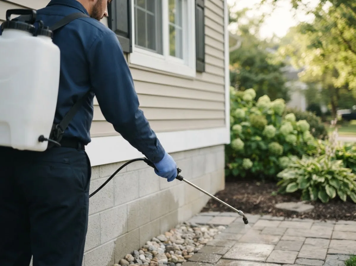 Pest control technician inspecting a home in Pennellville, NY
